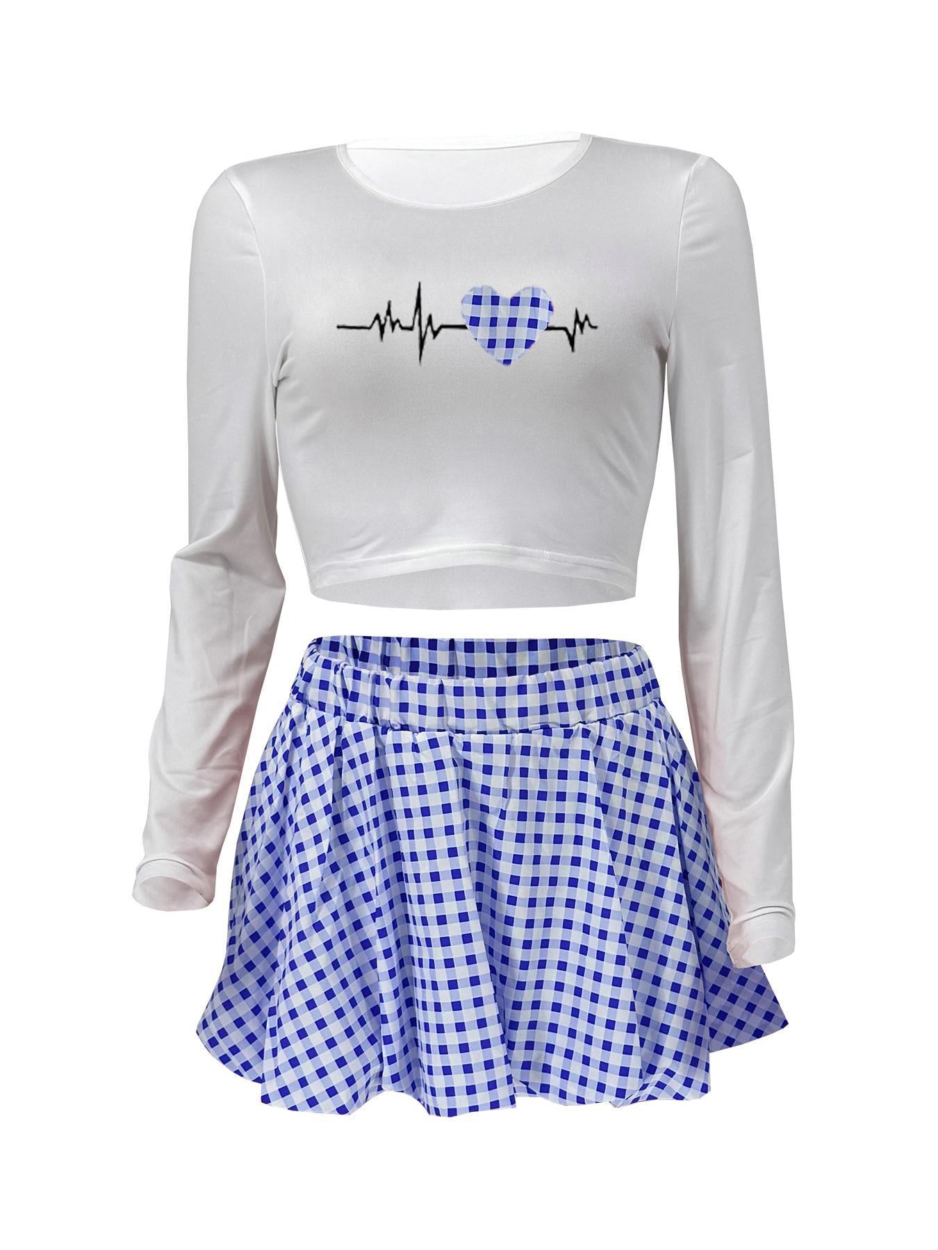 Women Casual Top and Plaid Flower Bud Skirt Two-piece Set 26