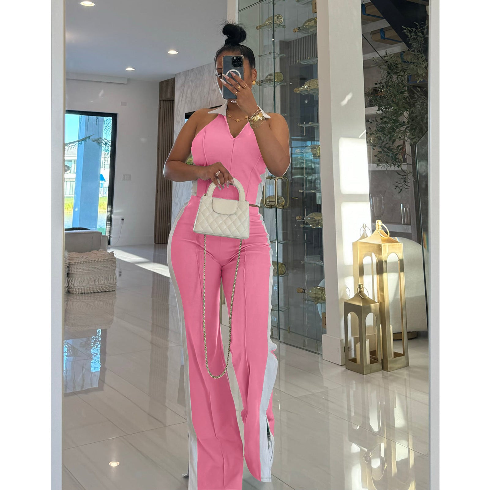 Patchwork Contrast Color V-Neck Zipper Slit Two-Piece Pants Set