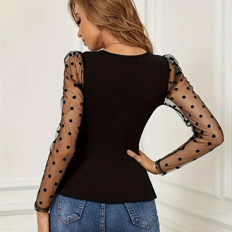 Women mesh patchwork V-neck long-sleeved lace shirt
