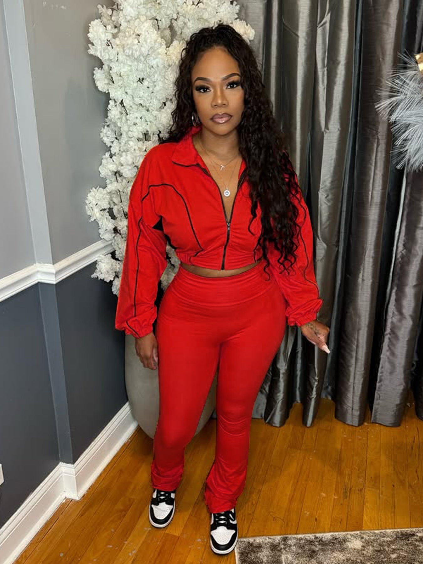 Contrast Zip Patchwork Sport Two Piece Pants Set 4