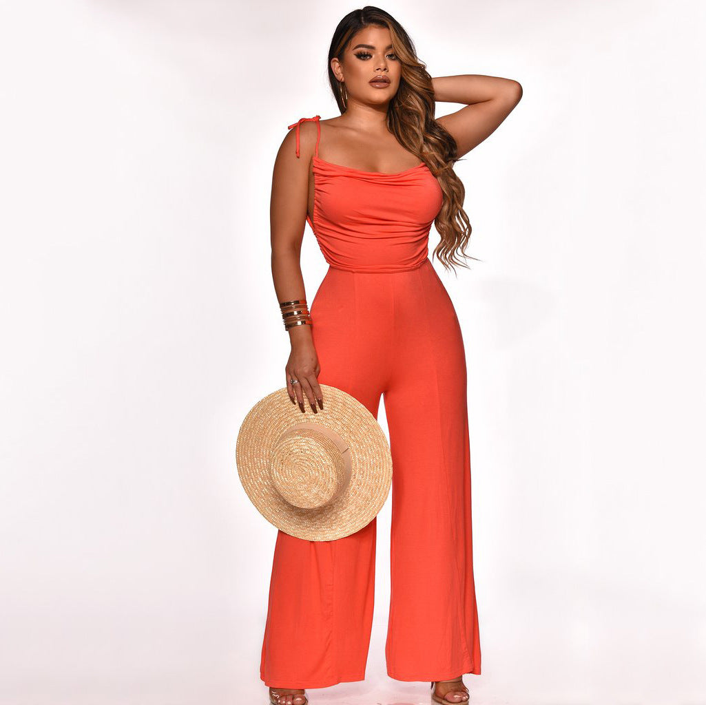 Women Solid Straps Lace-Up Wide Leg Jumpsuit 3