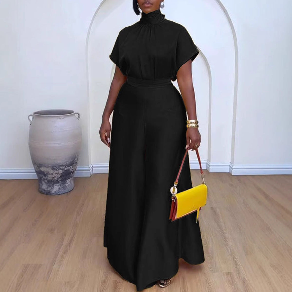 Satin Lace-Up Flying Sleeve Top Wide-Leg Pants Two-Piece Set 4