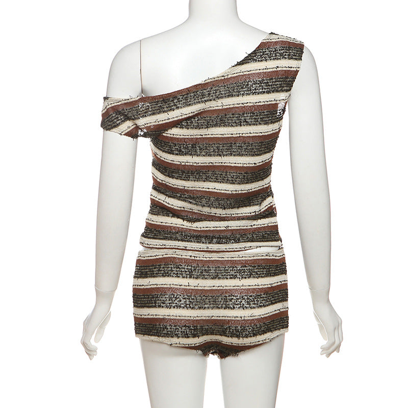 Women Summer Sexy Slash Shoulder Striped Top and Shorts Two Piece Set 8