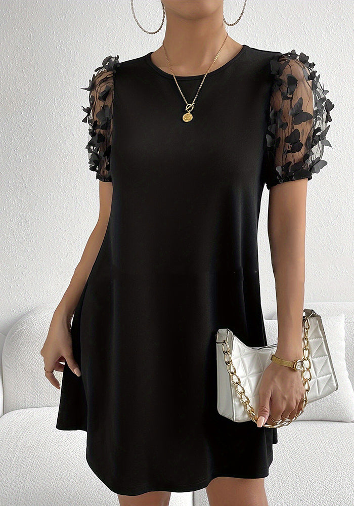 Mesh Applique Lantern Sleeve Casual Dress
