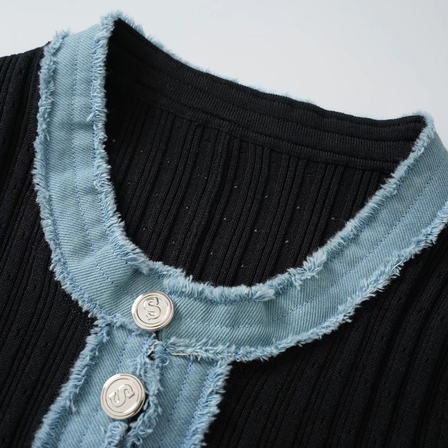 Denim Patchwork Round Neck Metal Button Slim Women's Knit Dress 13