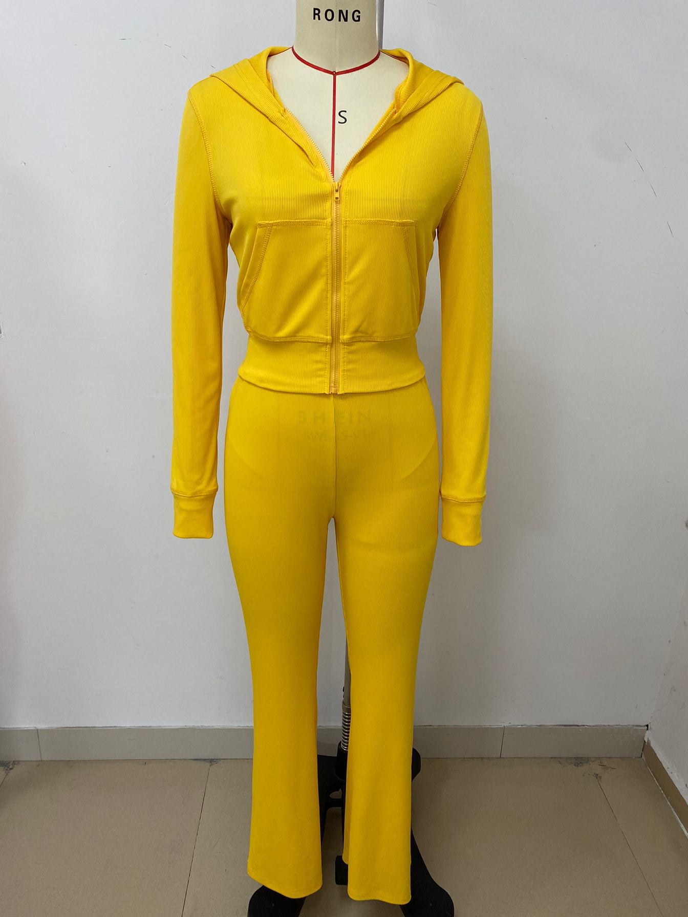 Women's Fashion Rib Zipper Hoodie Slim Bell Bottom Sports Pants Yoga Two Piece Set 4