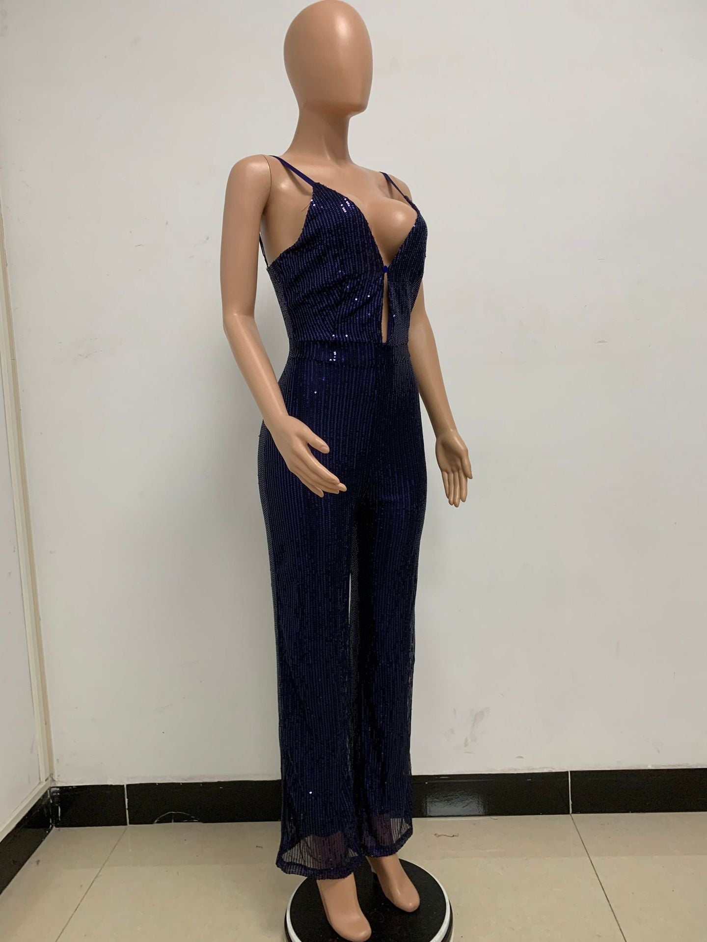 Deep V Neck Low Back Sleeveless Chic Sequined Straps Elegant Women's Party Jumpsuit 96