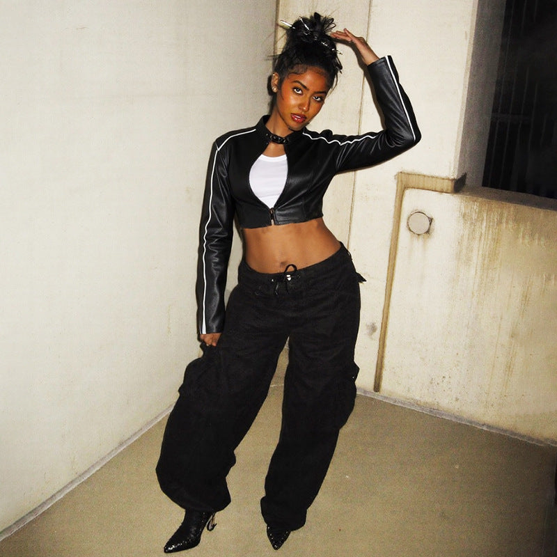 Women autumn PU leather zippered long-sleeved jacket 8