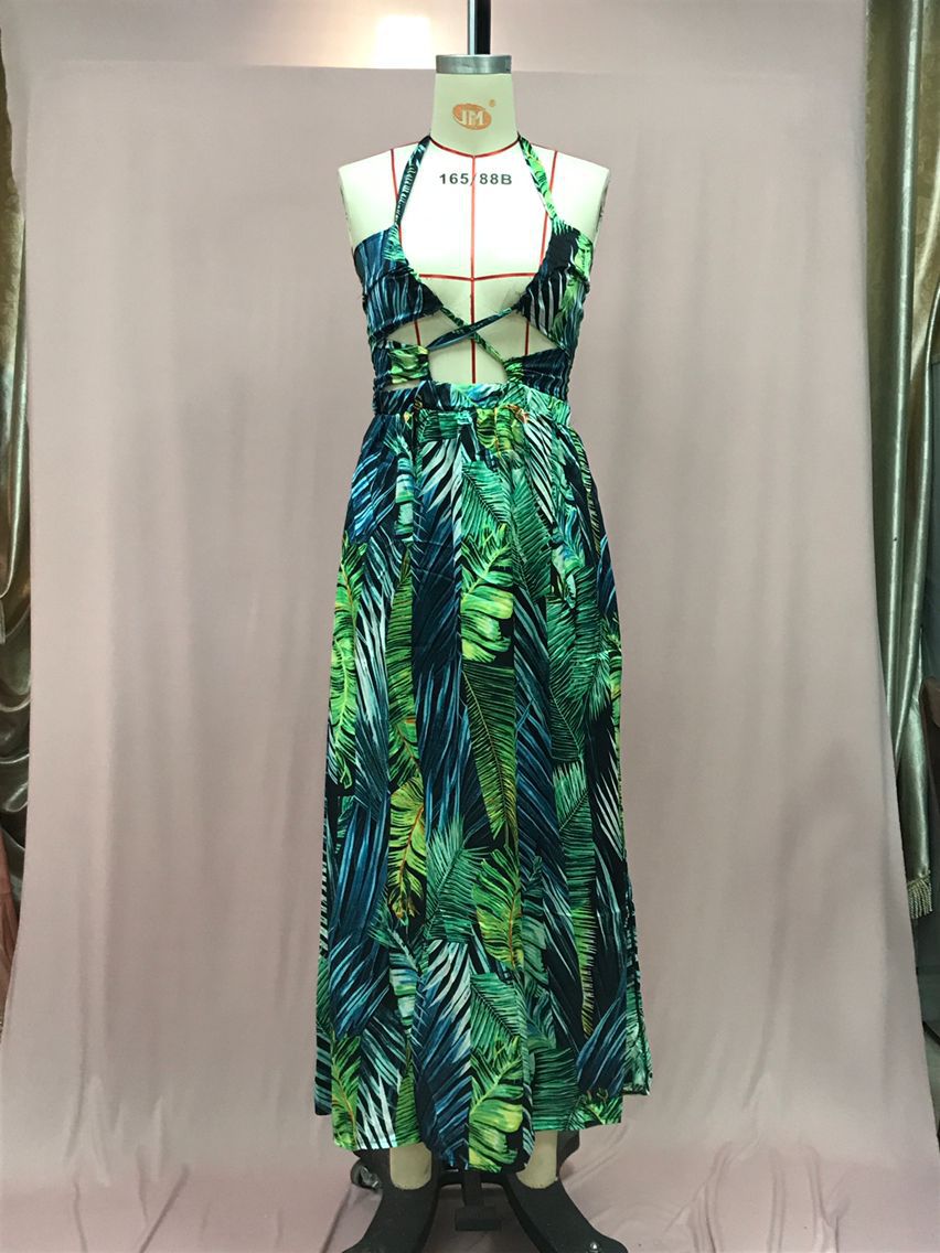 Women's Fashionable Sexy Halter Lace-Up Print Long Dress 4