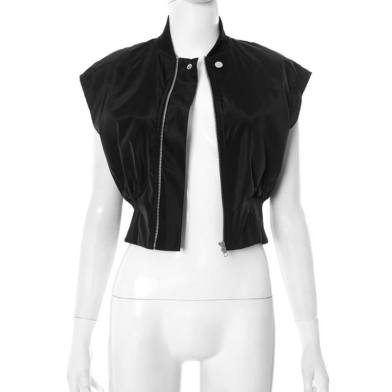 Women's Spring/Summer Stand Collar Button Zipper Slim Waist Solid Color Top 6