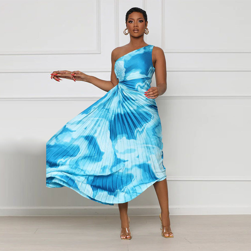 Women Slash Shoulder Sleeveless Pleated Maxi Dress 3