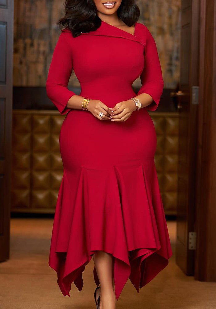 Women Fall/Winter Slash Shoulder Solid Irregular Fishtail African Dress 6