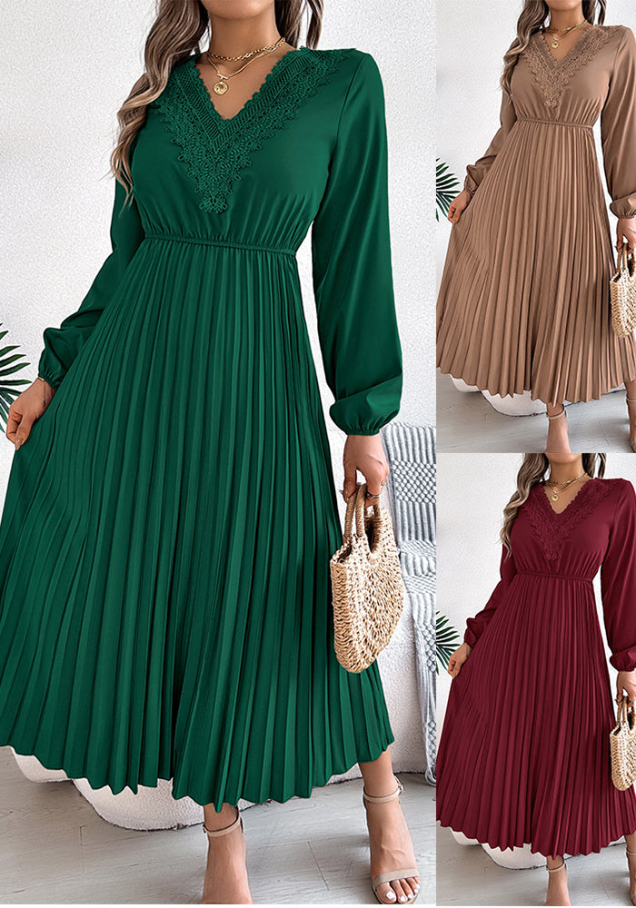 Women Spring and Summer Elegant V-neck Lace Pleated Dress