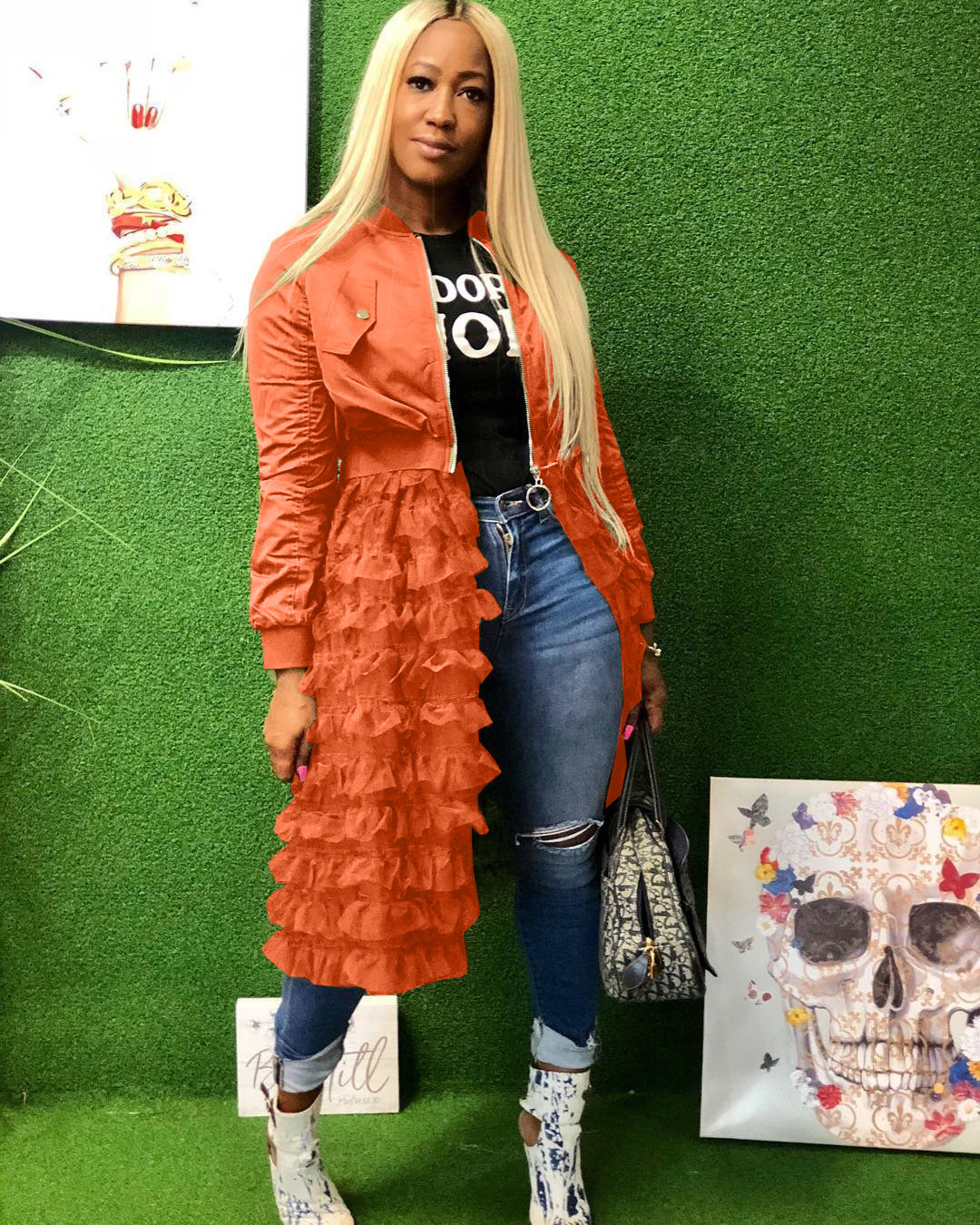 Fashionable Zipper Solid Color Mesh Lace Patchwork Jacket Coat 8