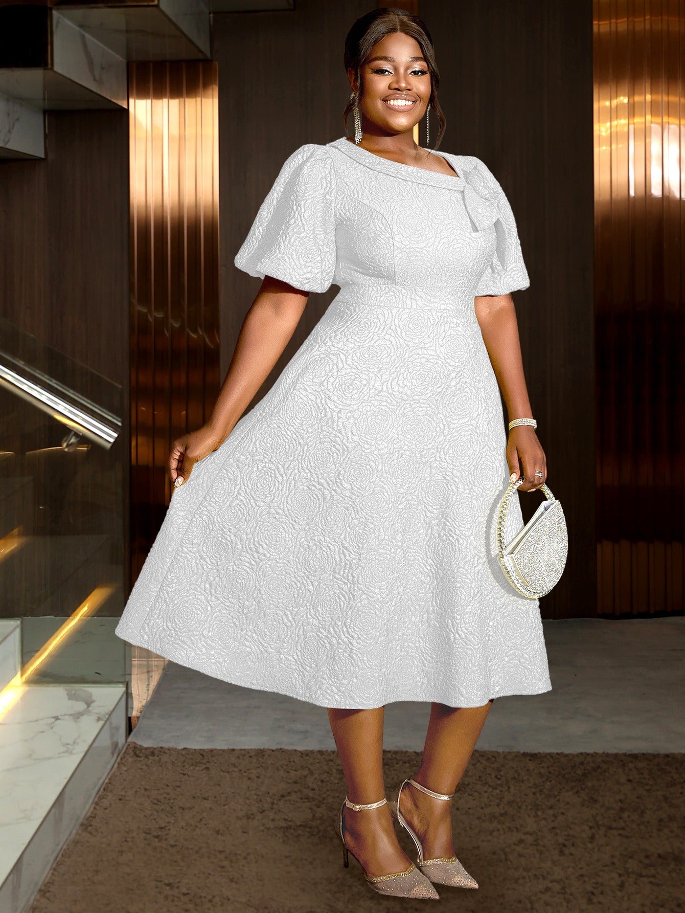 Flower Jacquard Round Neck Career A-line Dress 9