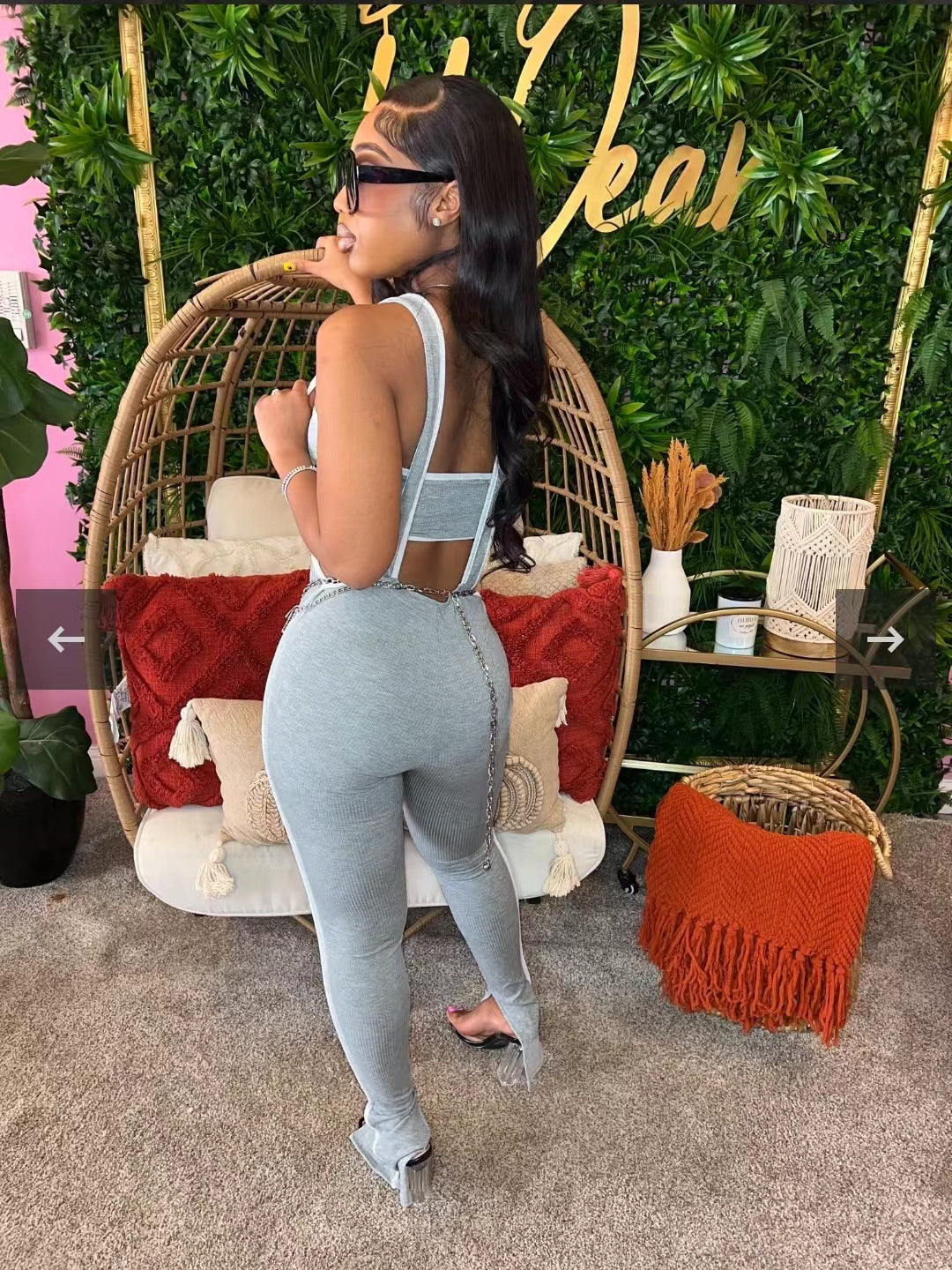 Women Stretch Ribbed Sexy Chest-Wrapped Top Overalls Two-piece Set 7