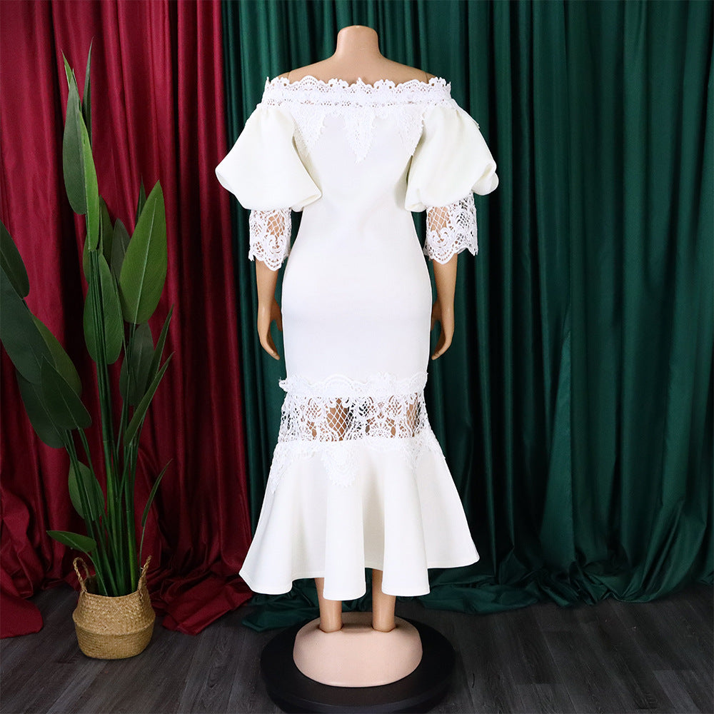 Women Off Shoulder Puff Sleeve Lace Patchwork Formal Party Mermaid Dress 17