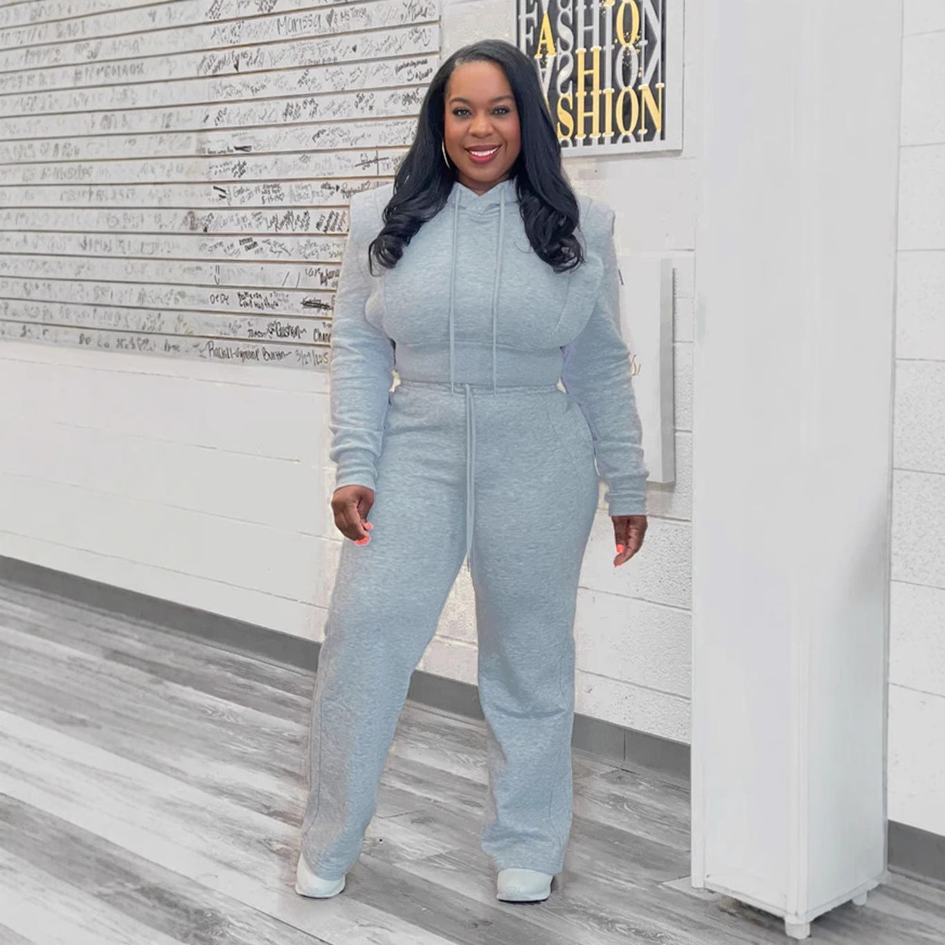 Solid Color Hooded Hoodies Wide Leg Pants Two-Piece Set 5