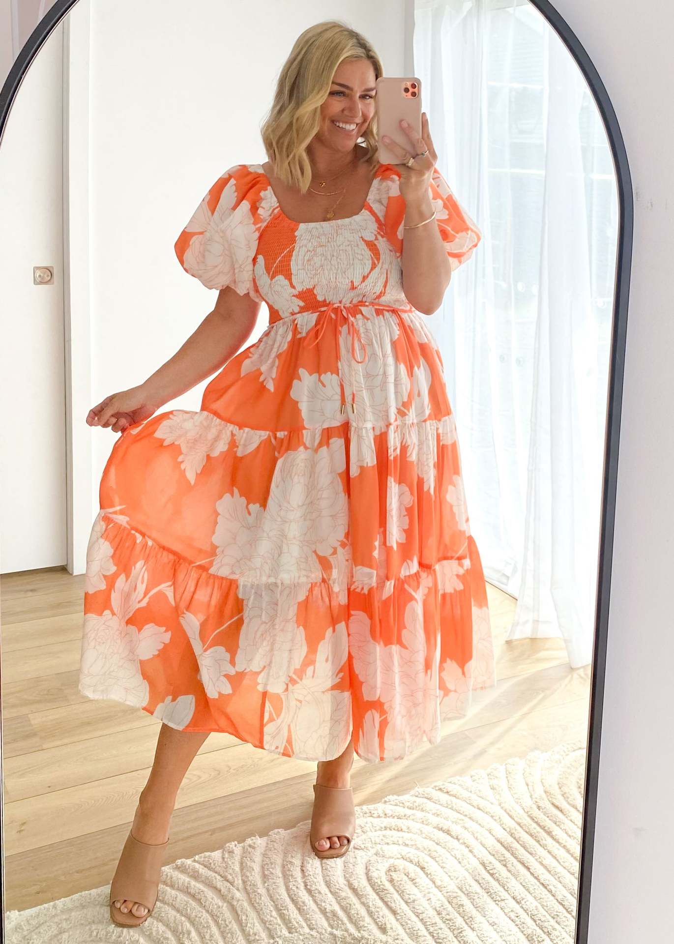 Women Elegant Print Off Shoulder Puff Sleeve Dress 23