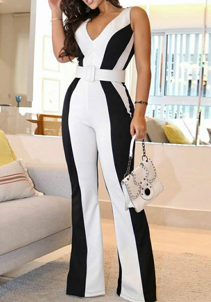 Elegant Black And White Contrast Color V-Neck Sleeveless Slim Women Jumpsuit (Without Belt)