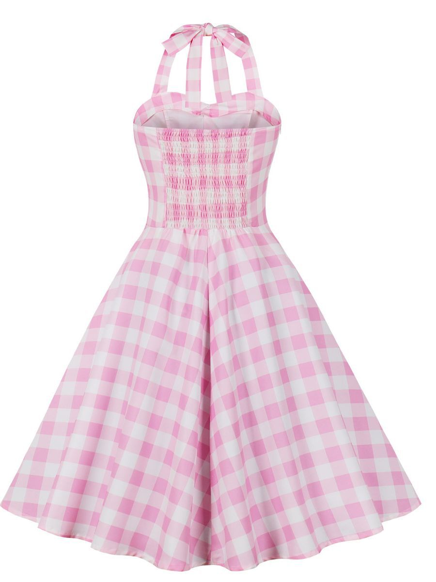 Women's  Summer Slim Waist Sweet Halter Neck Straps Pink Plaid Dress 3