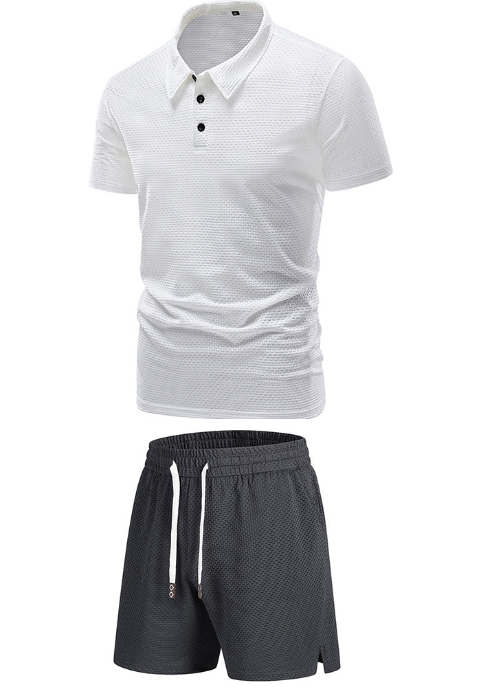 Summer men's Turndown Collar short-sleeved top and shorts two-piece set