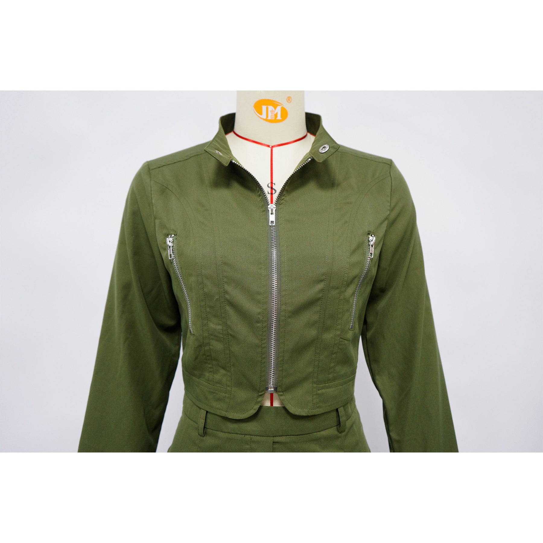 Women's Long Sleeve Zipper Top Sexy Short Skirt Two-Piece Set 17