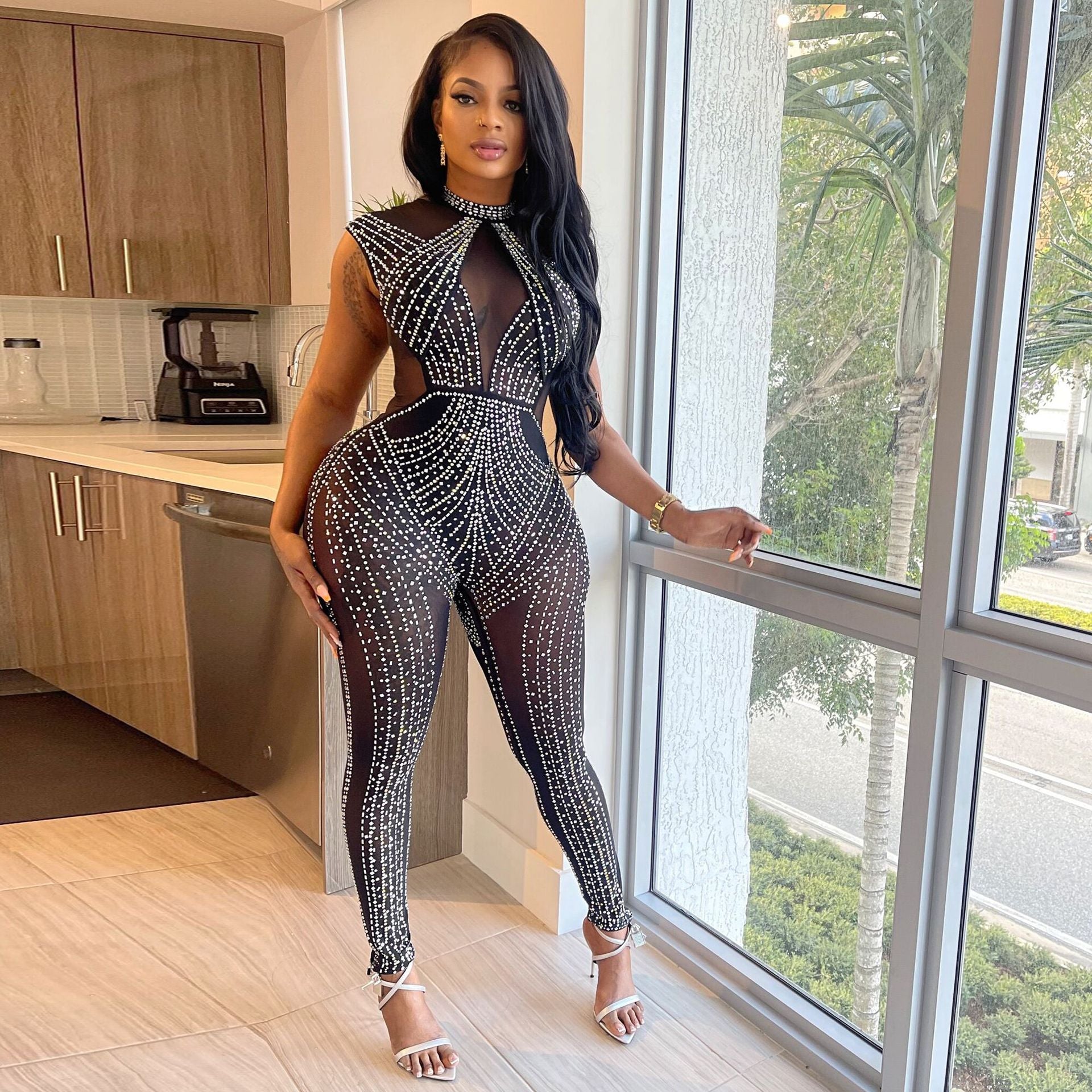 Women Sexy Beaded See-Through Bodycon Stretch Sleeveless Jumpsuit 5