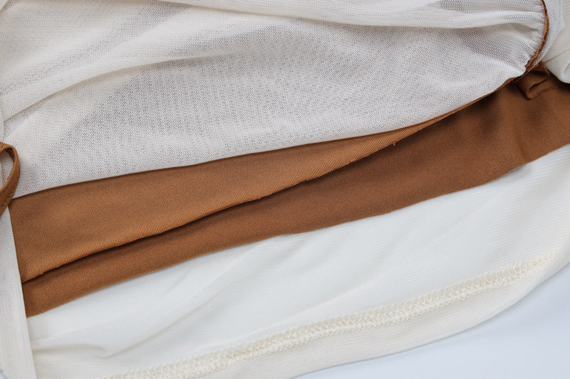 Spring Women Long Sleeve Mesh Patchwork Slash Shoulder Pleated Dress 15