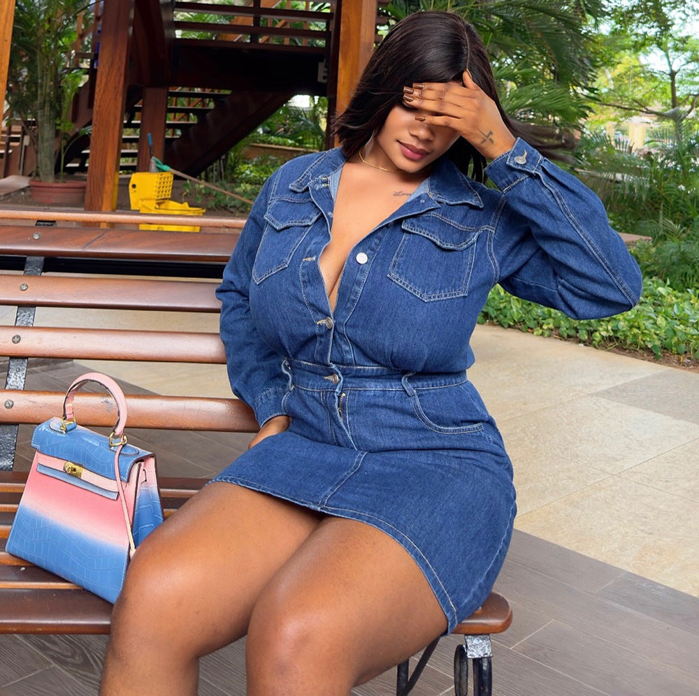 Women Sexy Long Sleeve Bodycon Denim Dress 3