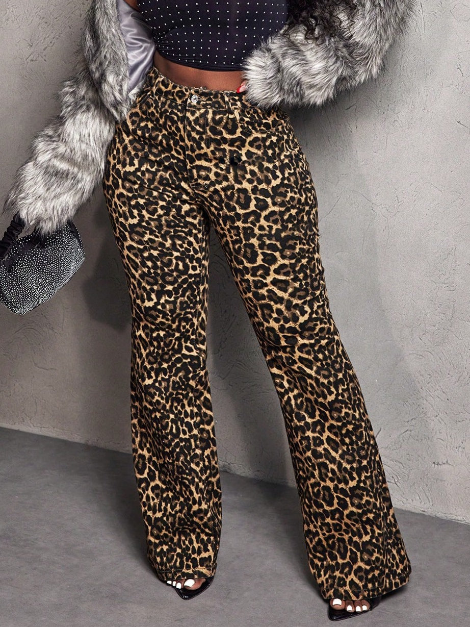 Women Stretchy Leopard Print Bell Bottom Denim Pants