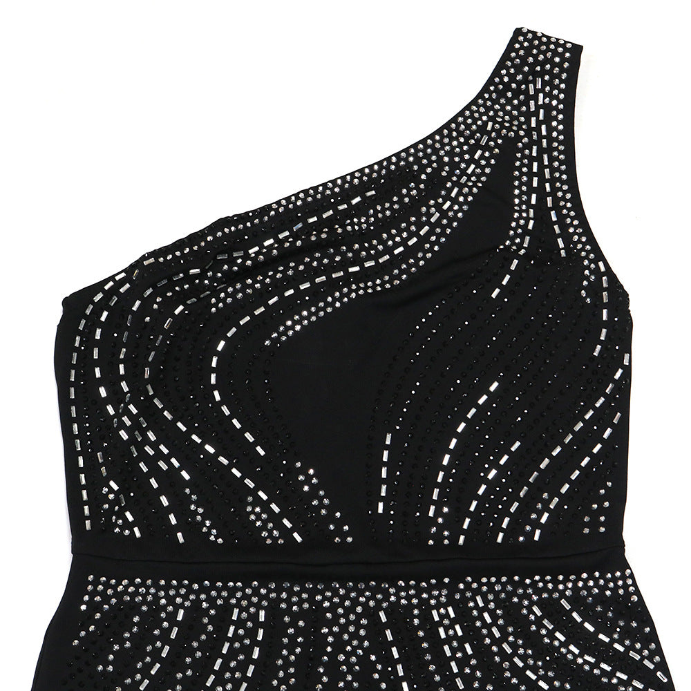 Women Sexy Slash Shoulder Beaded Slit Dress 22