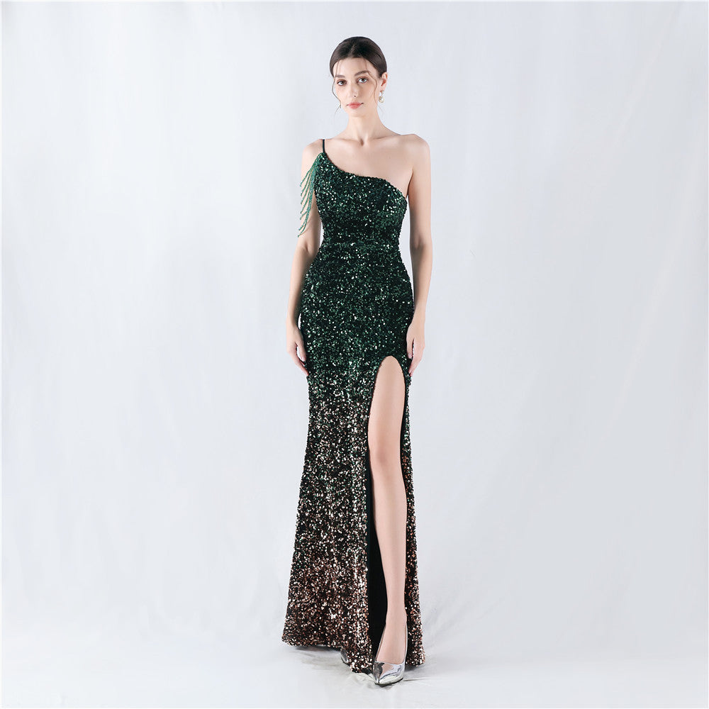 Gradient Sequins One-Shoulder Strap Evening Dress 5