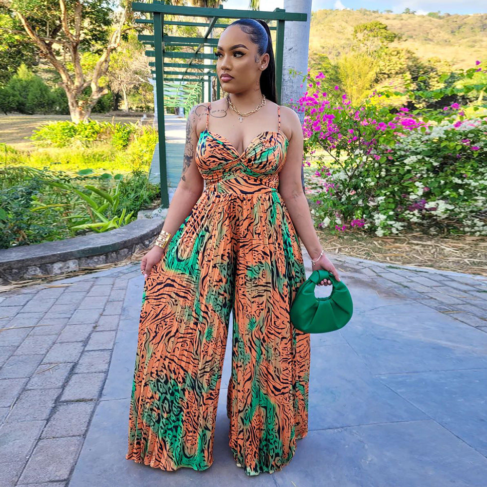 Ladies Fashion Printed Strap Pleated Jumpsuit 5