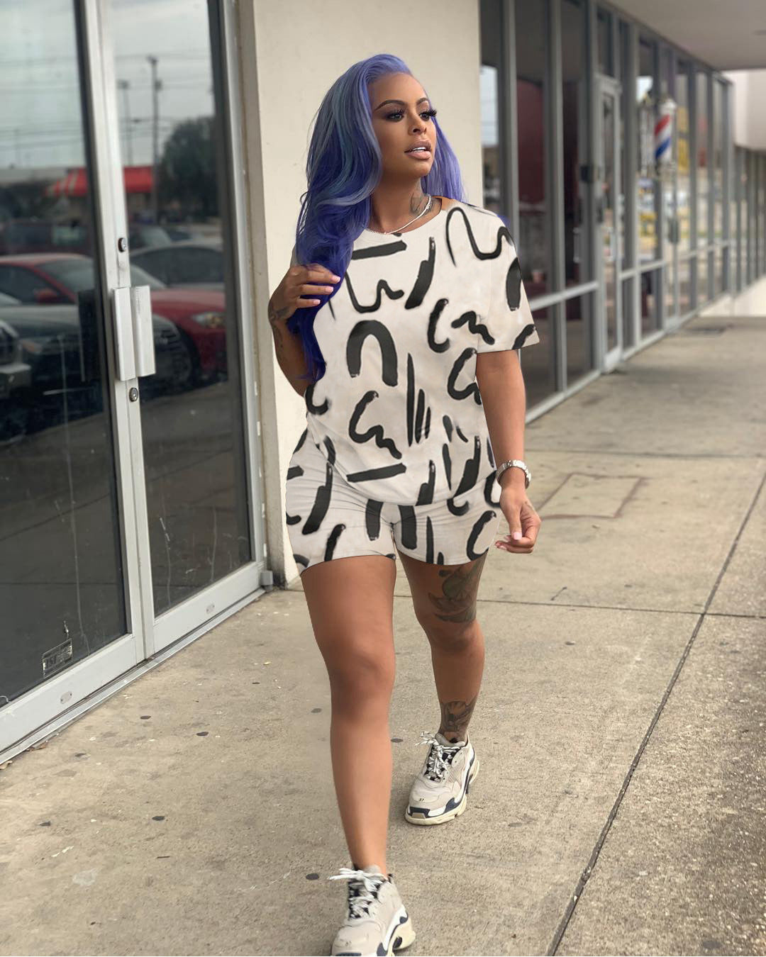 Women Casual Solid printed short-sleeved top and shorts two-piece set 3