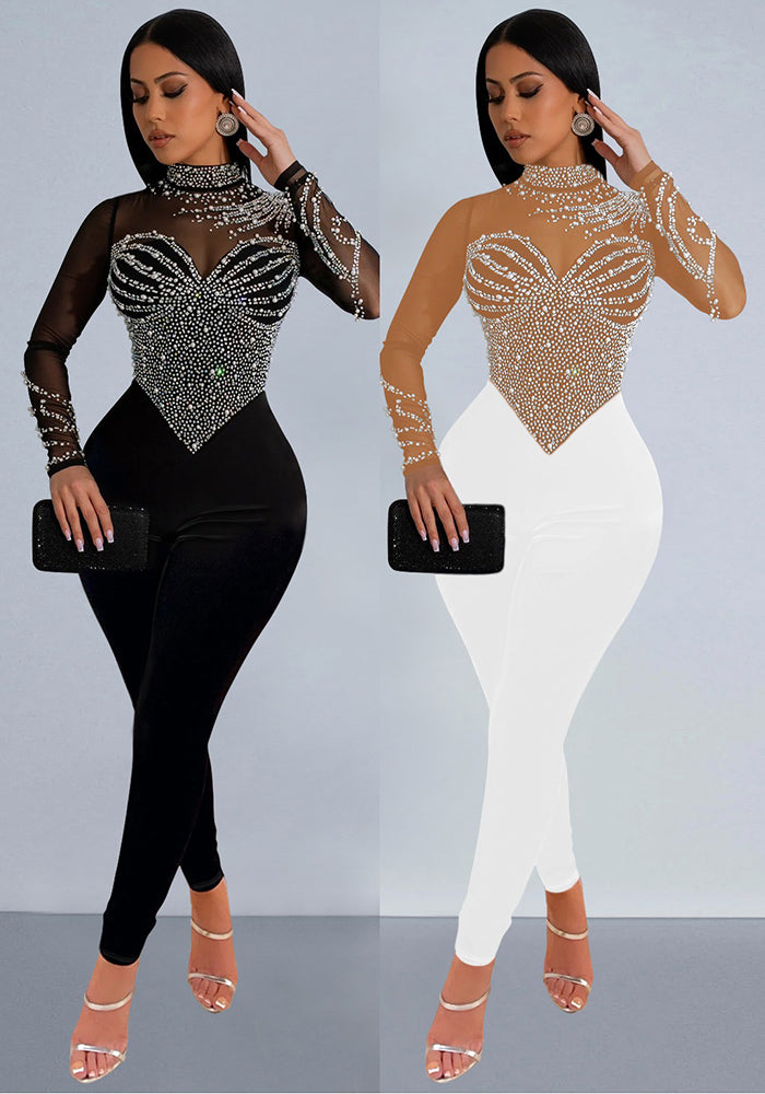 Solid color beaded mesh long-sleeved jumpsuit 3