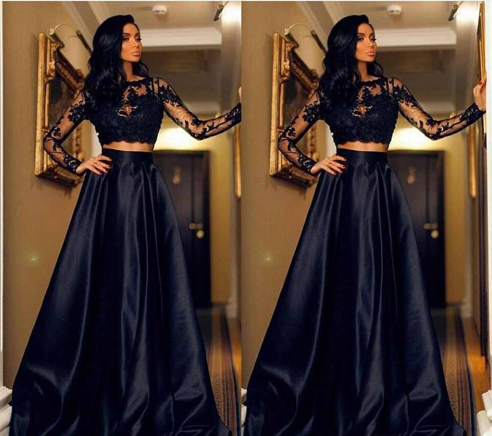 Elegant Black lacemesh Embroidered Long Sleeve Two-Piece Party Skirt Set 3