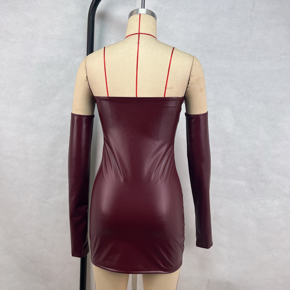 Women pu Leather Solid Patchwork Sexy Strapless Bodycon Dress Plus Sleeves Two Piece Set 9