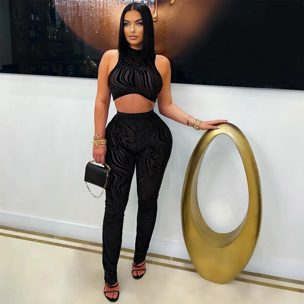 Women Round Neck Sexy Sleeveless Crop Top and Pants Two Piece Set 3