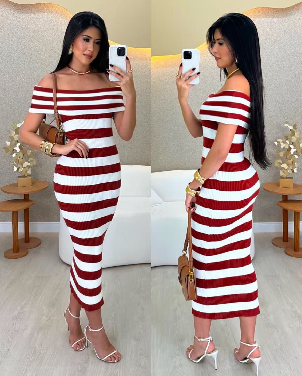 Contrast stripes women summer sexy off-shoulder knitting long dress 4