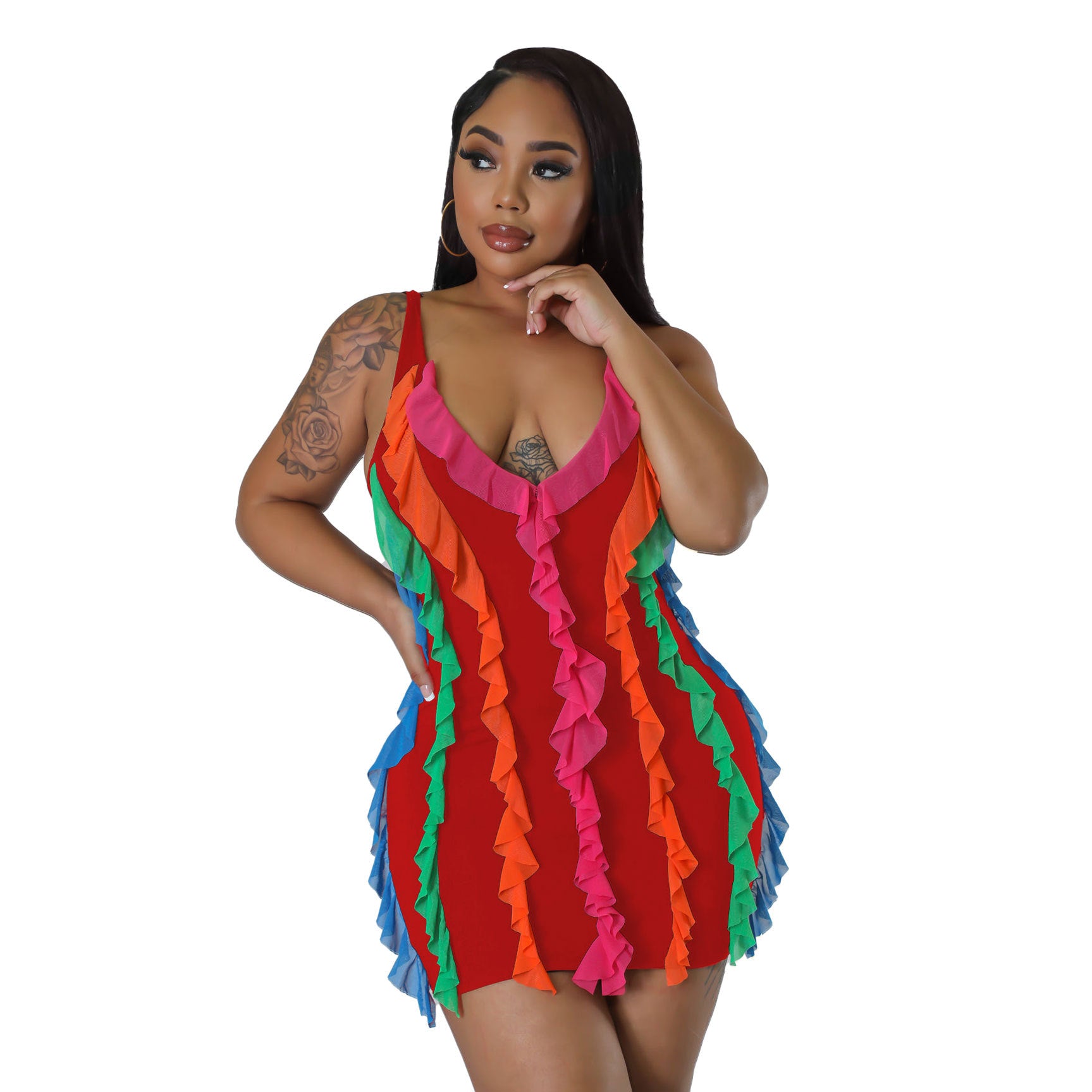 Women Contrasting Ruffles Line Irregular Mini Dress 7