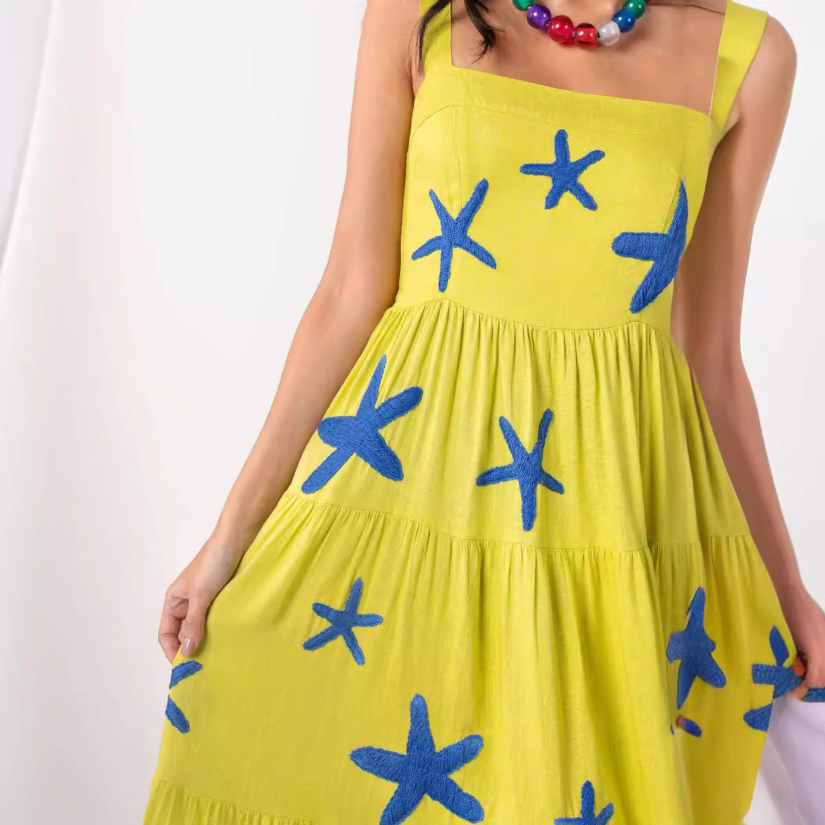 Women Embroidered Pleated Beach Holidays Strap Dress 23