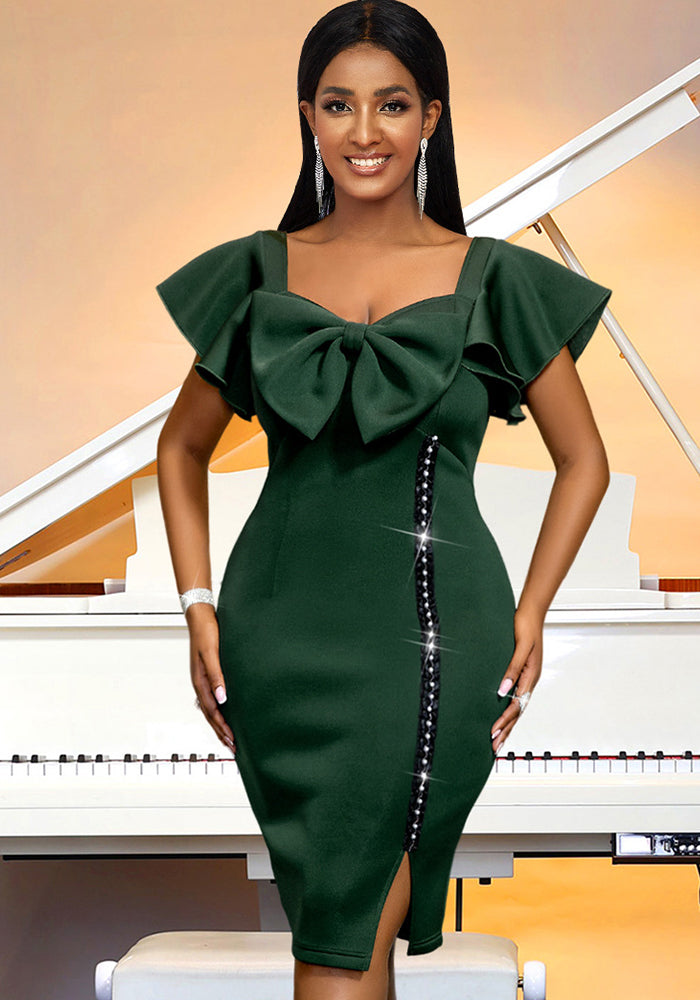 Women Chic Square Neck Bow Beaded Formal Party Dress