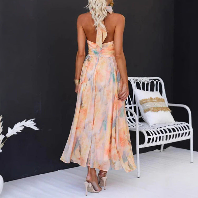 Women Summer Holiday Sleeveless Printed Backless Dress 3