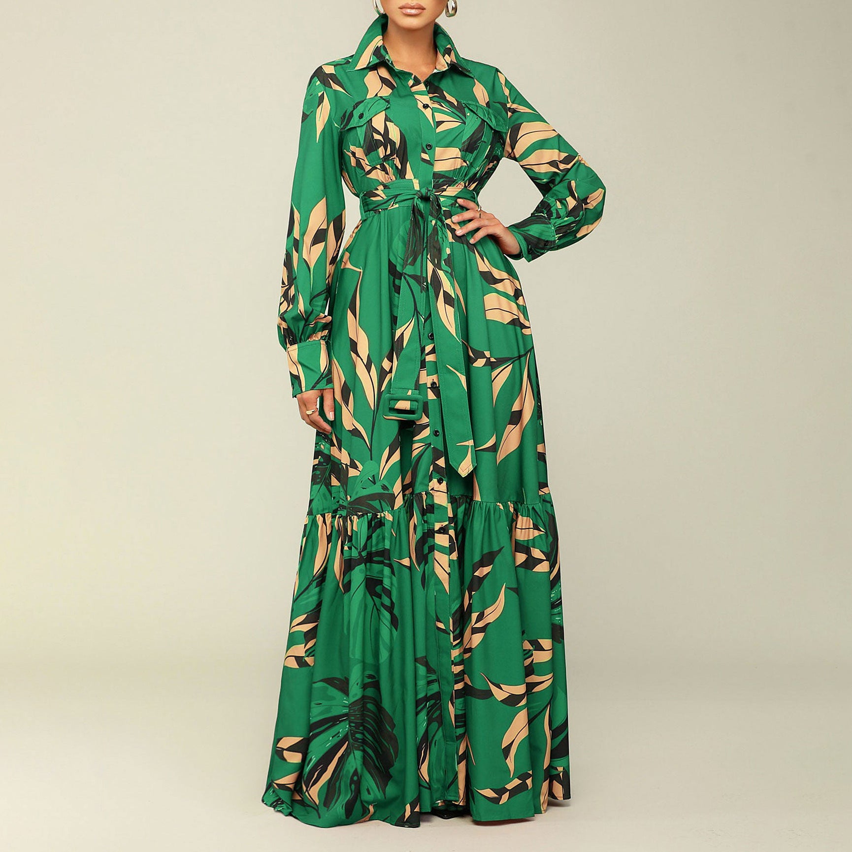 Women's Autumn Turndown Collar Belted Fashion Printed Long Sleeve Shirt Dress Long Dress 4