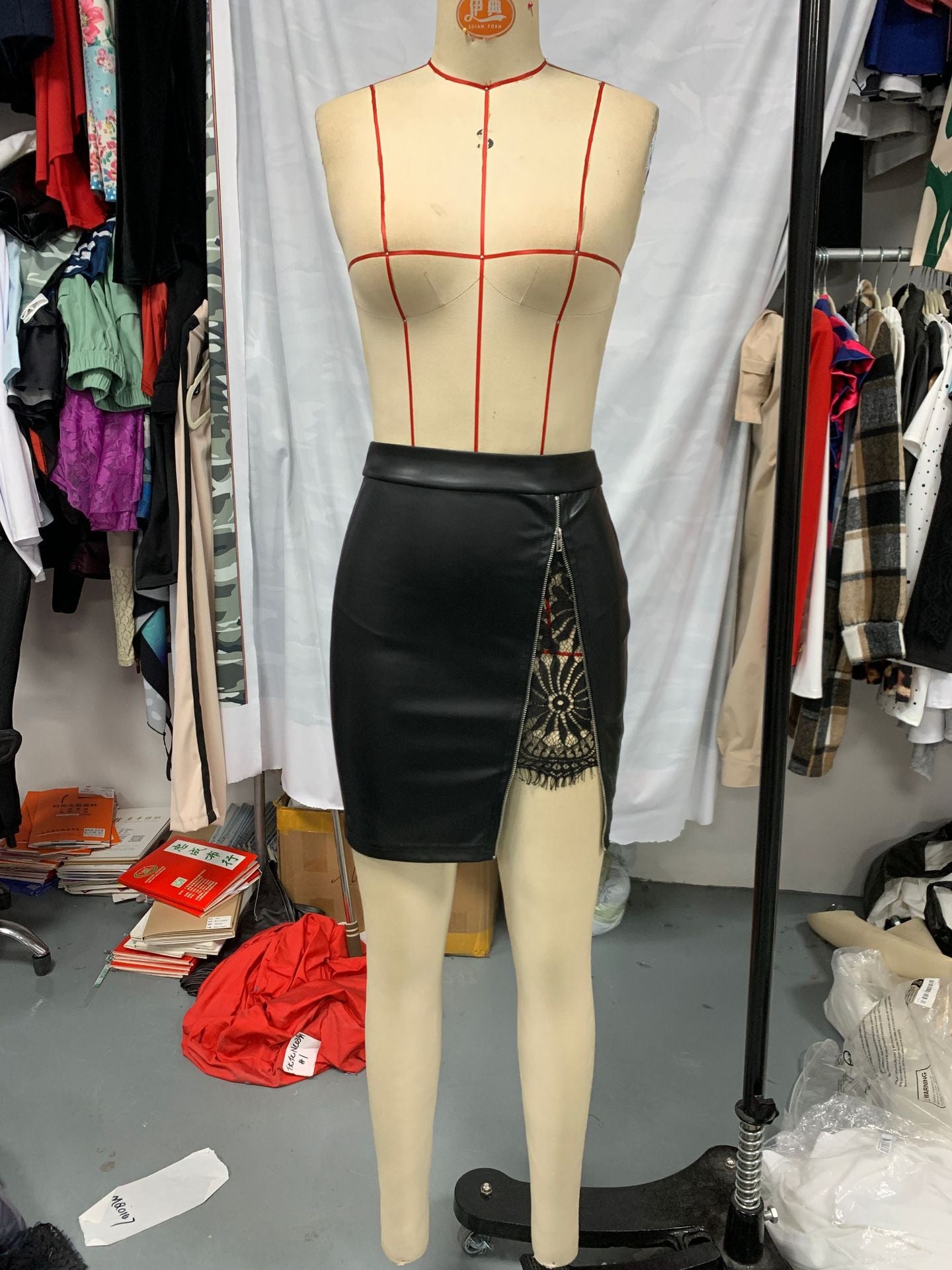 WomenLace Patchwork Bodycon Mid Waist Leather Skirt 11