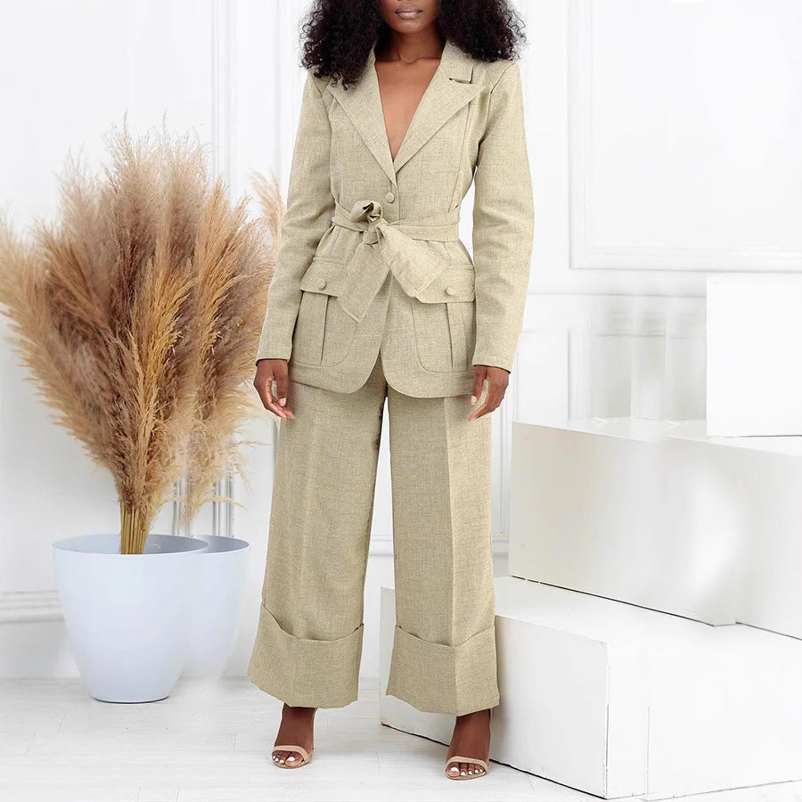 Women casual belt suit and Pants Two Piece Set 3