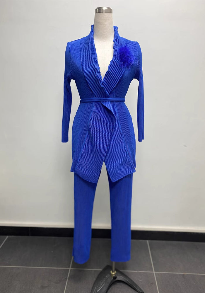 Plus Size African Women pleated Solid Blazer and Pant two-piece set