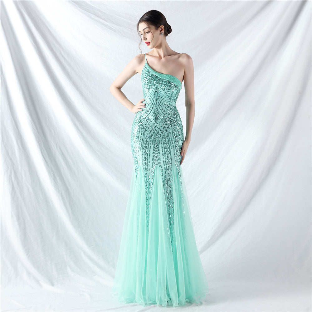 Sexy One Shoulder Sequins Mesh Patchwork Evening Dress 20