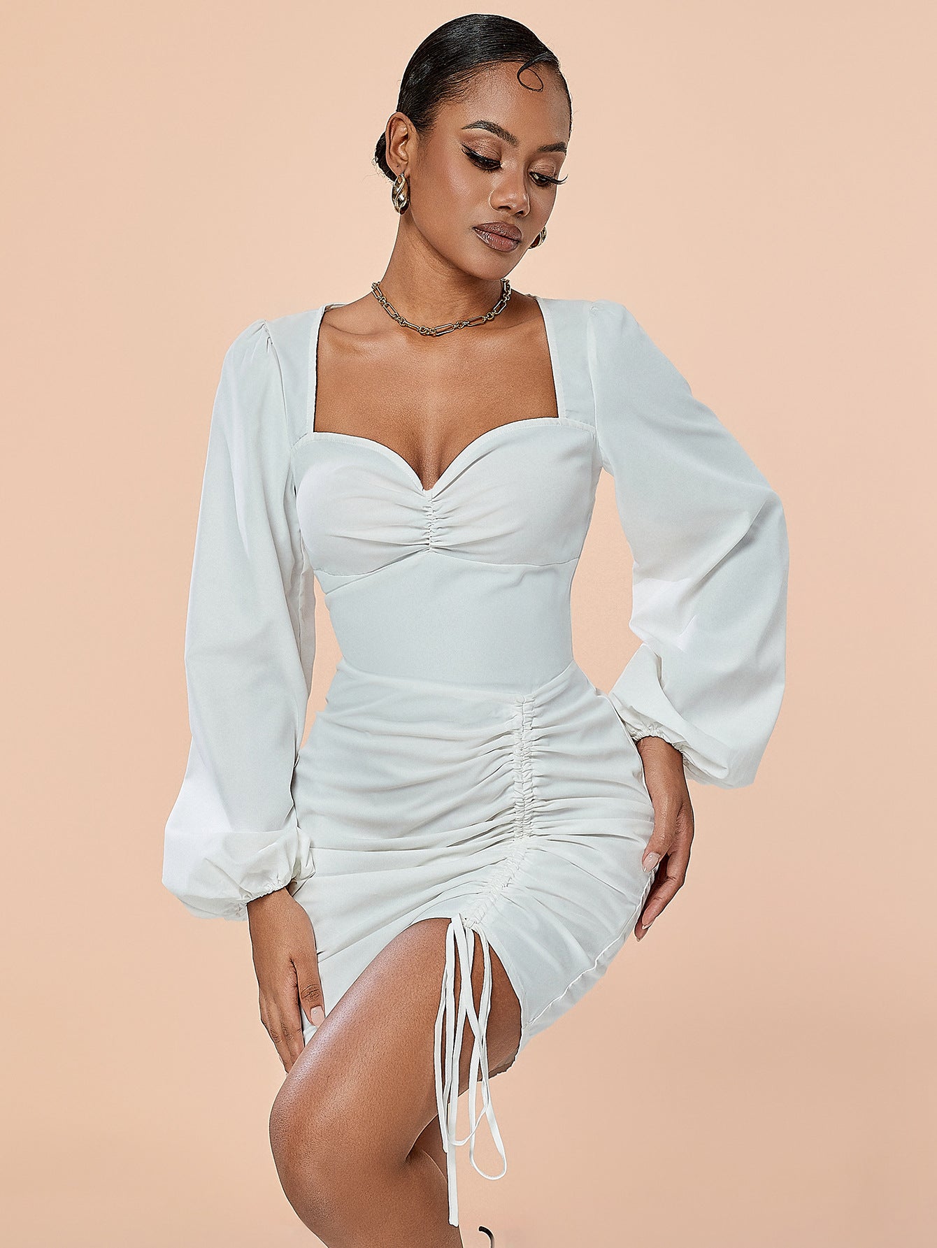 Women long-sleeved Soid drawstring pleated Bodycon Dress